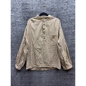 Vintage Wah Maker Brown Striped Long Sleeve Grandfather Shirt Beige Mens Size L